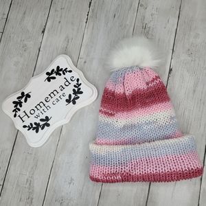 Girls pink and gray double knit winter hat